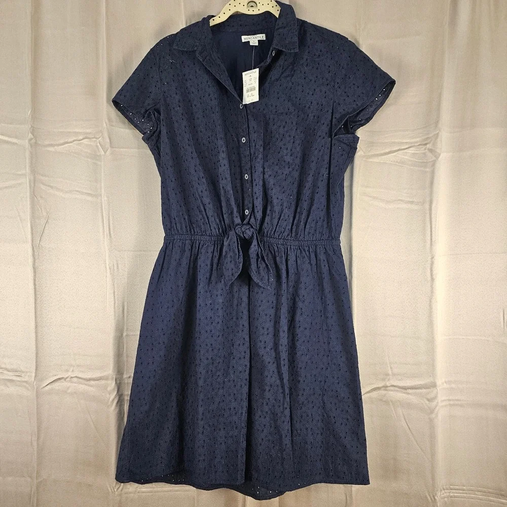 NWT J Crew‎ Mercantile Navy Short Sleeve Eyelet Collared Tie Front Dress Small